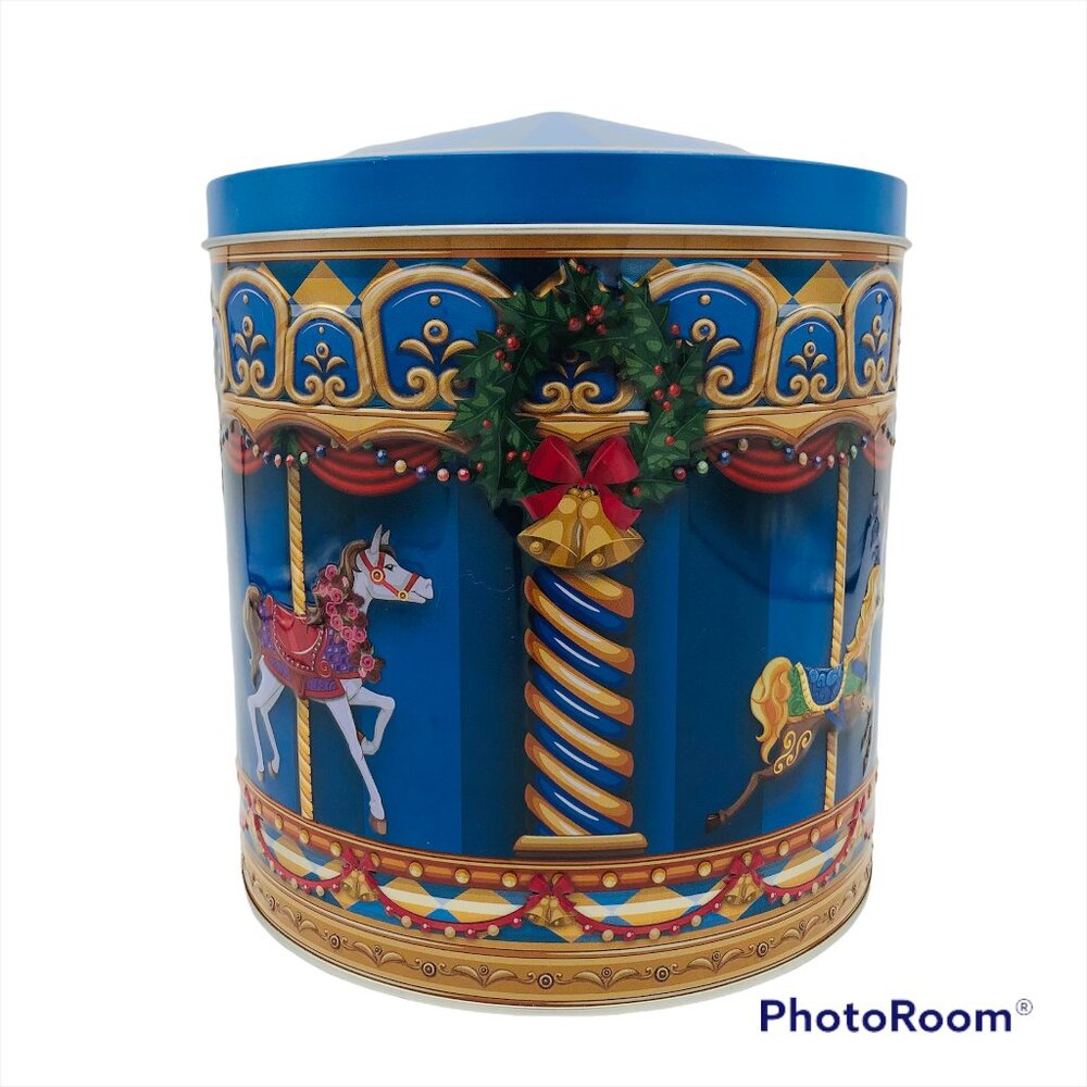 Harry London Blue Embossed Christmas Carousel Tin Holly Wreath Merry Go Round